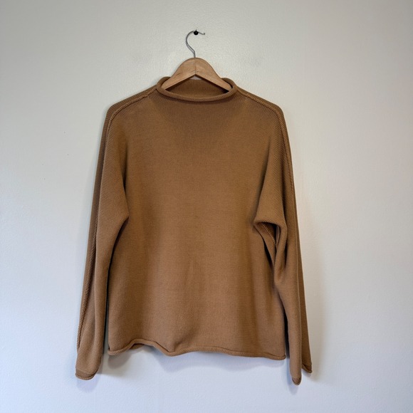 Frank & Eileen Sweaters - Frank & Eileen Womens L Camel Tan Cotton Rolled Funnel Neck Sweater Made in USA